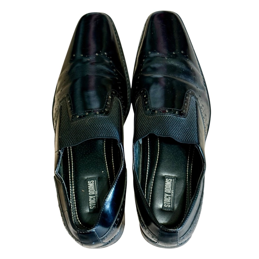Stacy Adams Mens Black Leather Square Toe Slip On Loafers Brogue Shoes Sz-12 - Picture 2 of 10